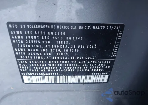 2024 Volkswagen Tiguan 2.0T Se/2.0T Wolfsburg Edition from USA, damaged, VIN 3VV3B7AX9RM083399